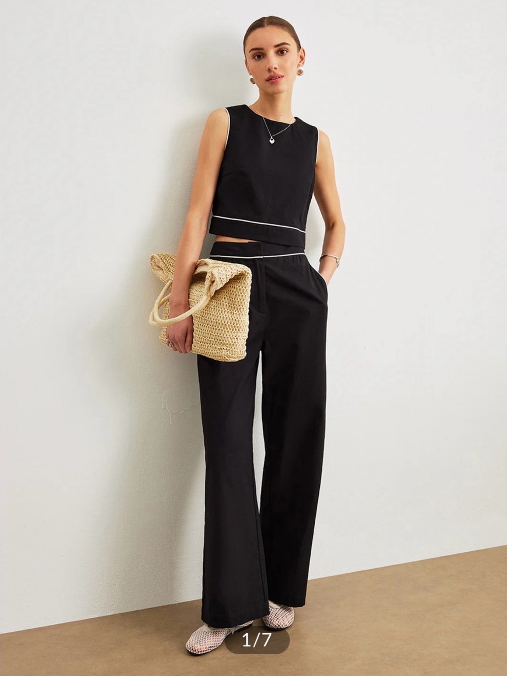 Commense Black Cropped Shell & Wide-Leg Pants Two-Piece